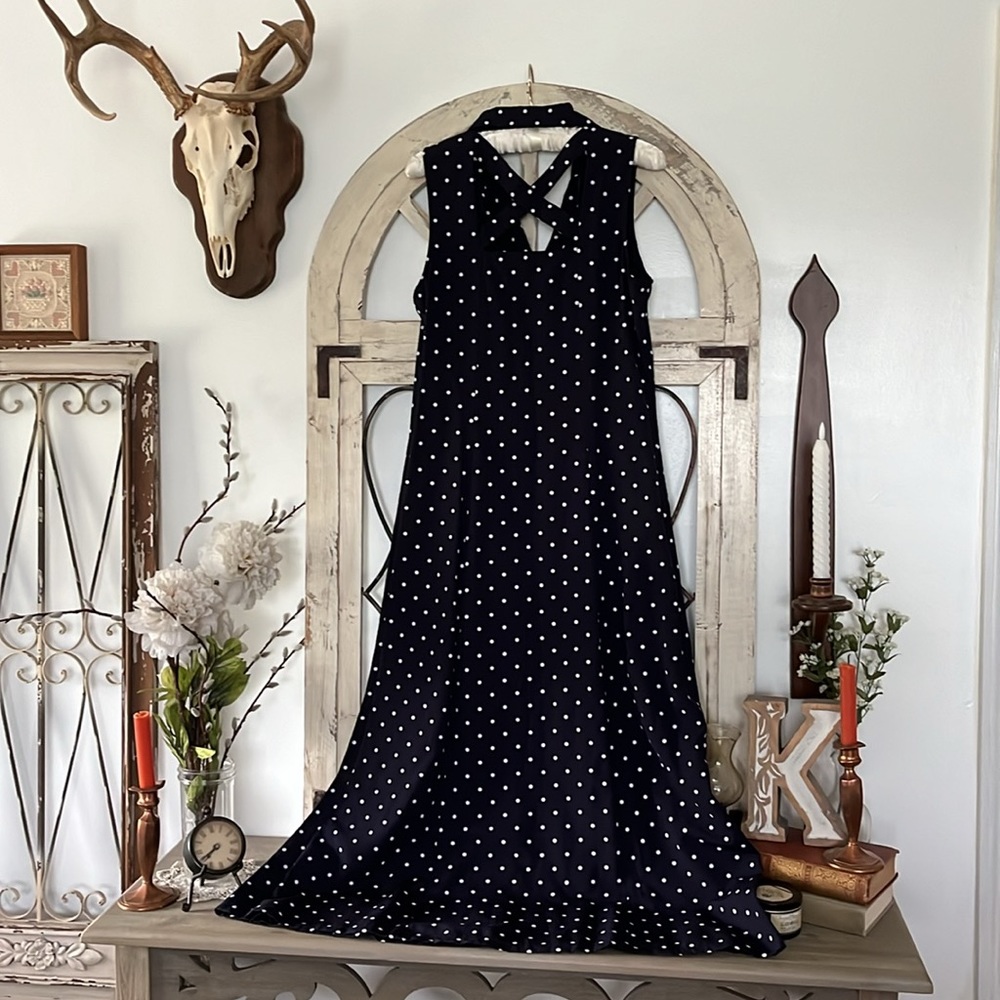 Vintage Navy and White Polka Dot Button Down Sleeveless Sheri Martin Midi Dress - Picture 6 of 10